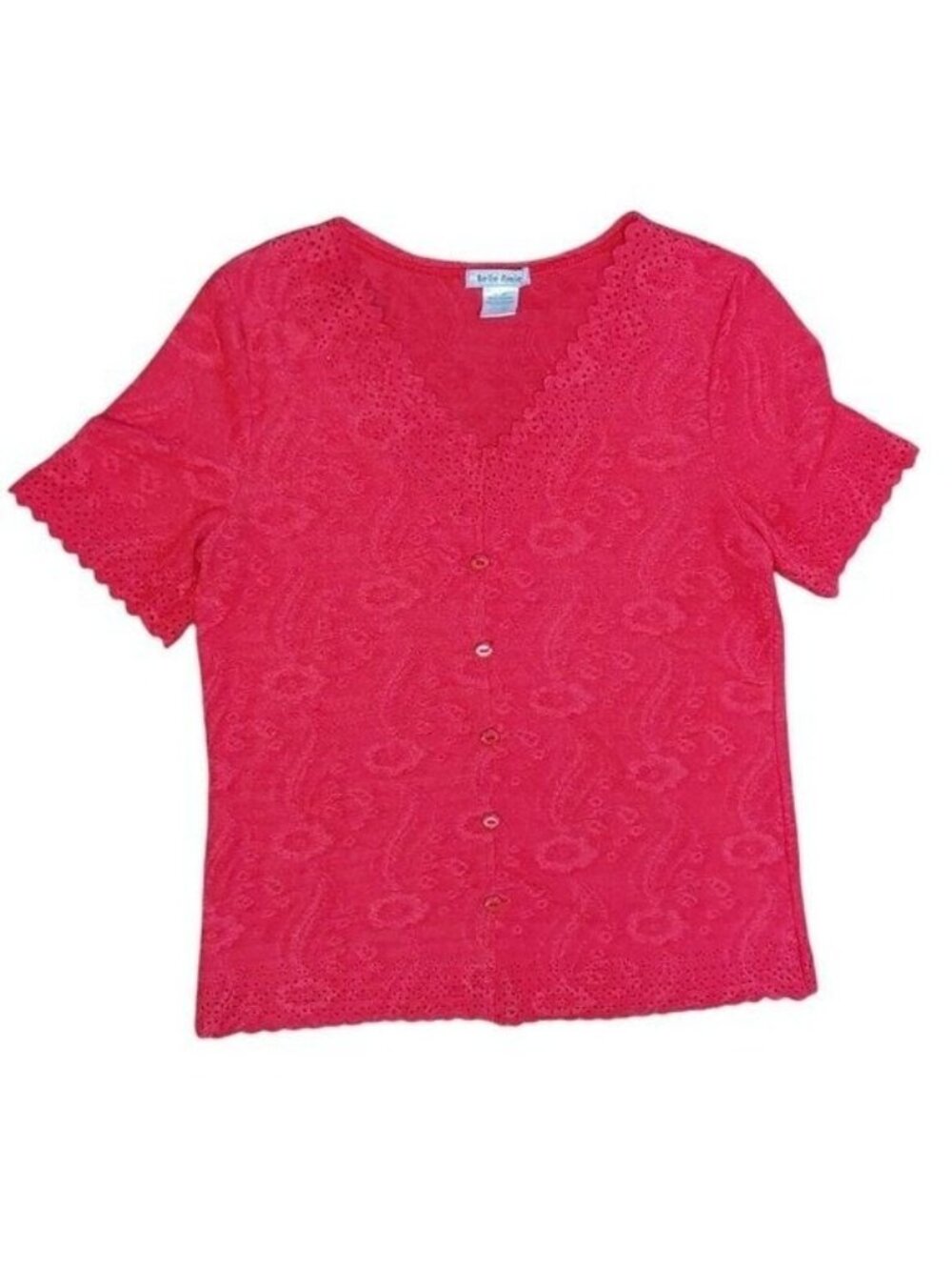 BELLE AMIE Short Sleeve Red Top Size Medium Blouse Floral Romantic Valentines
